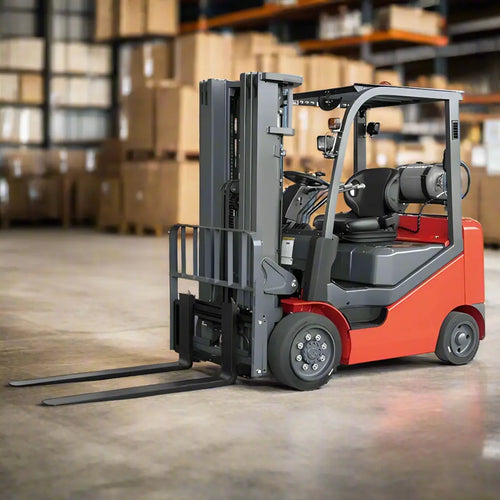 Major Lift propane forklift in warehouse with red body and gray lifting mechanism for heavy duty use
