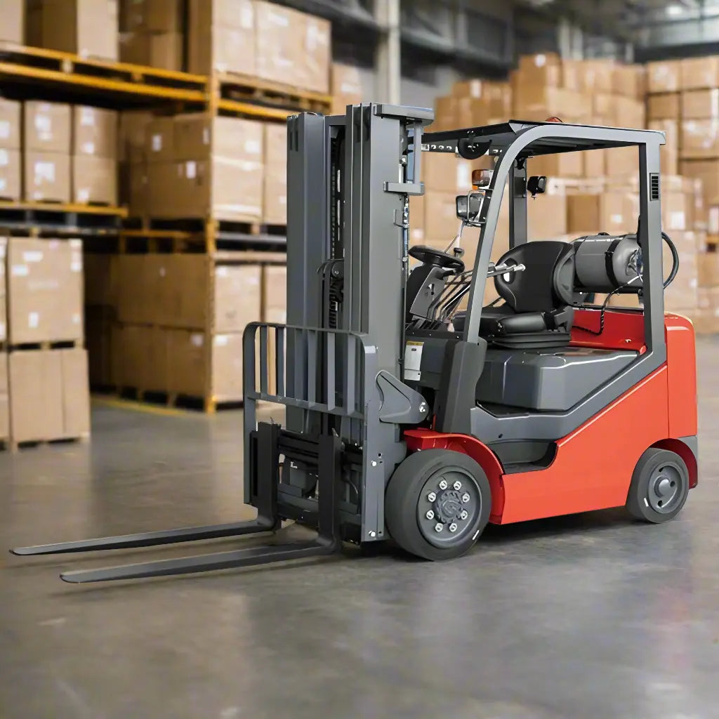 Major Lift red propane forklift in warehouse with stacked cardboard boxes in background