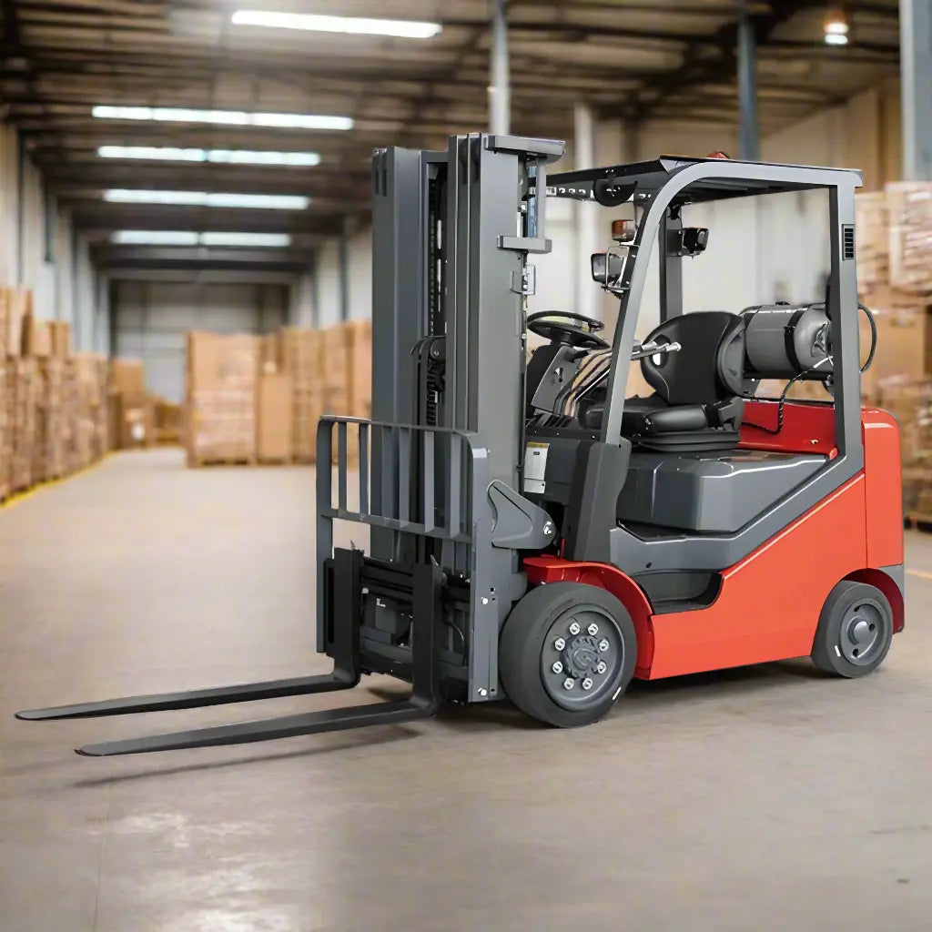 Major Lift propane forklift in red and gray parked inside a warehouse with stacked pallets