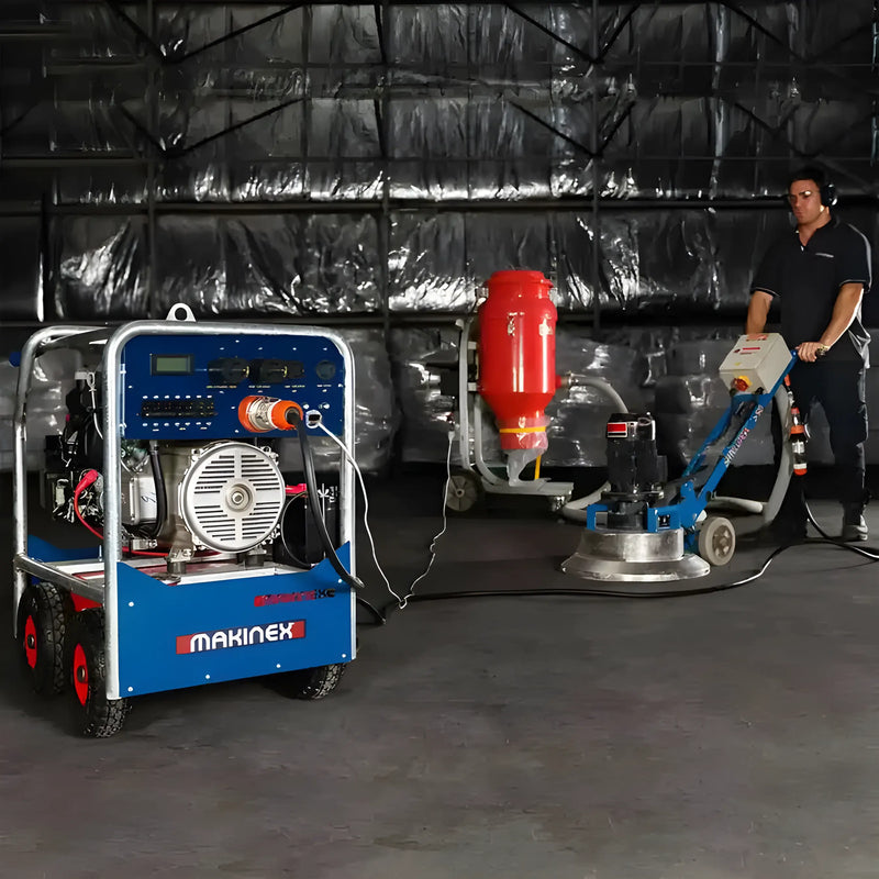 Makinex 1212-23kW 480V industrial floor grinding machine in use by worker in warehouse