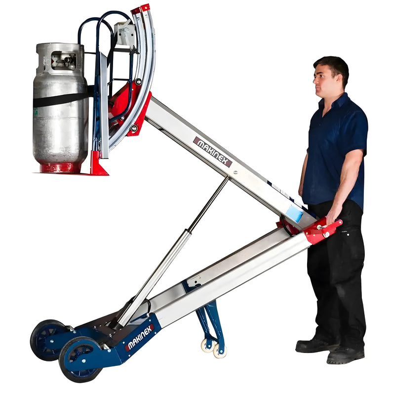 Makinex 5555-Glass lifting trolley with wheels carrying a metal cylinder by a man