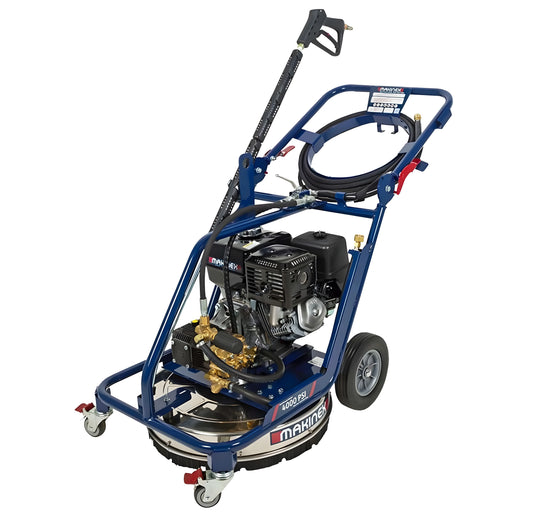 Makinex DPW-4000-0A-HU-50 heavy-duty pressure washer with metal frame and hose reel