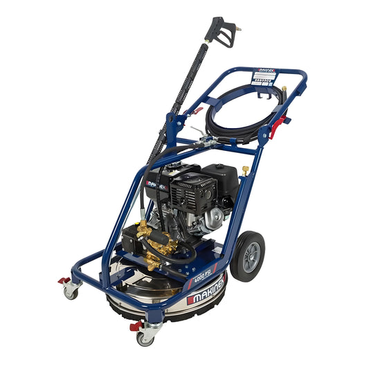 Makinex DPW-4000-0A-VU-50 pressure washer with blue frame, engine, and hose for heavy-duty cleaning