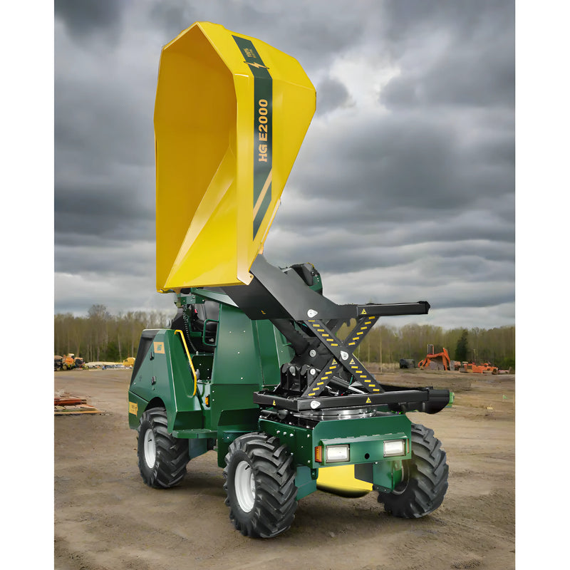 Makinex Dumper with a yellow skip raised for easy loading, designed for construction and landscaping tasks