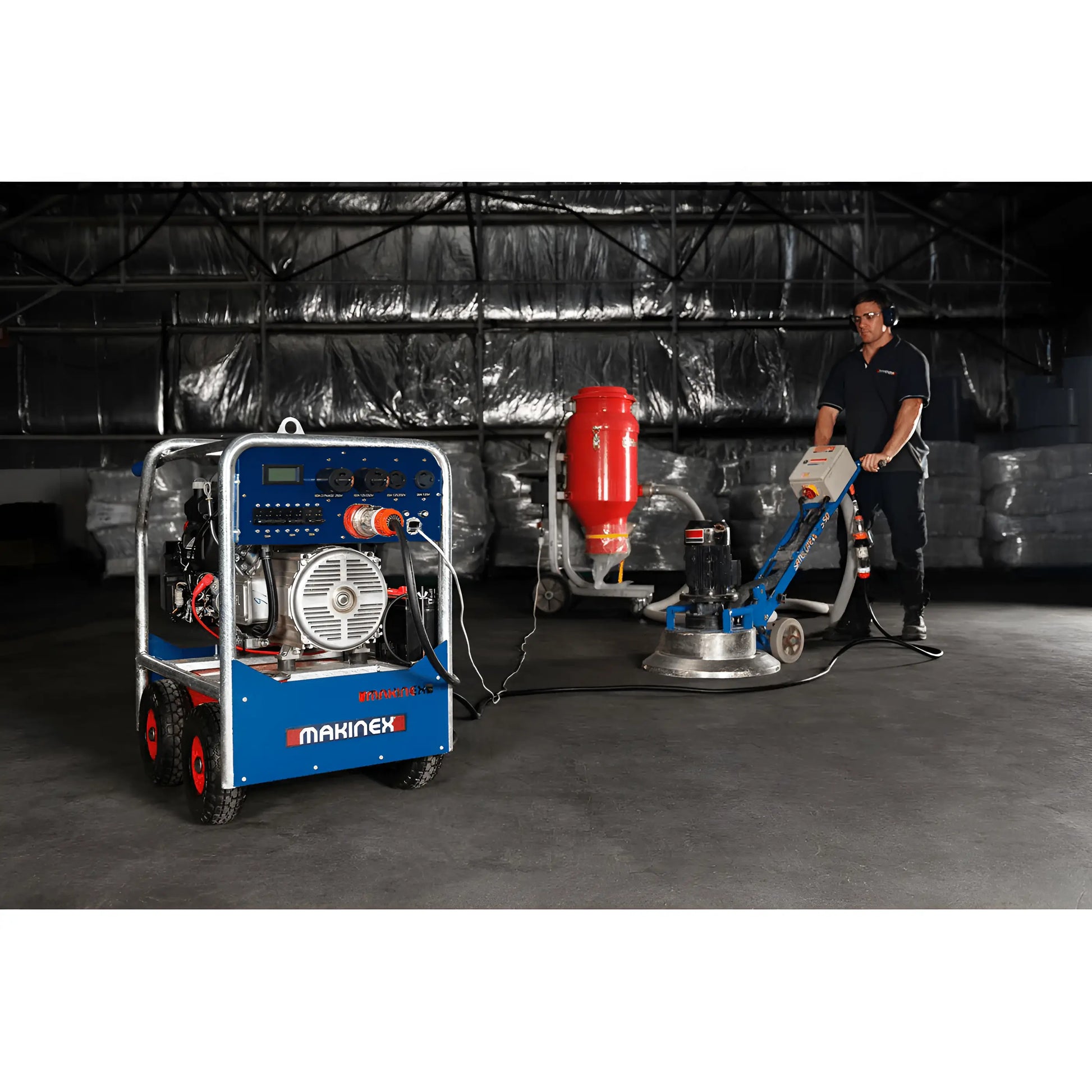 Makinex GEN-16P-MS-240 industrial floor grinding machine with operator in protective gear