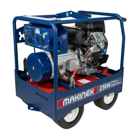 Makinex GEN-23P-MS-480 portable 23kW generator with blue frame and wheels for easy transport