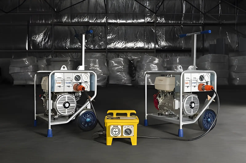 Makinex GEN-9P-US-240 portable generator set with dual units and yellow control box in industrial setting