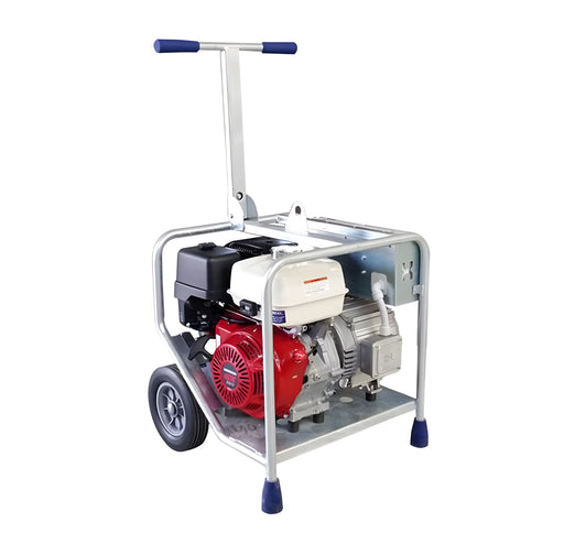 Makinex GEN-9P-US-240 portable generator with red and white engine and wheeled metal frame