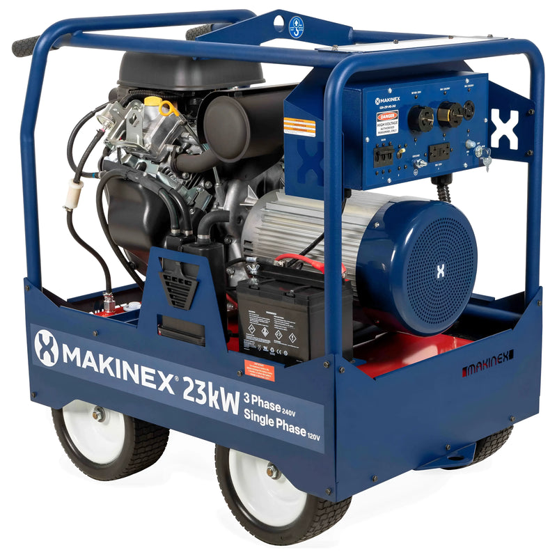 Makinex generator 23kW with wheels and multiple power connections for versatile use