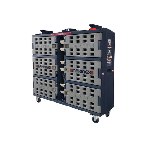 Makinex MCP-6-SS-US mobile control panel with six gray lockable compartments on wheels
