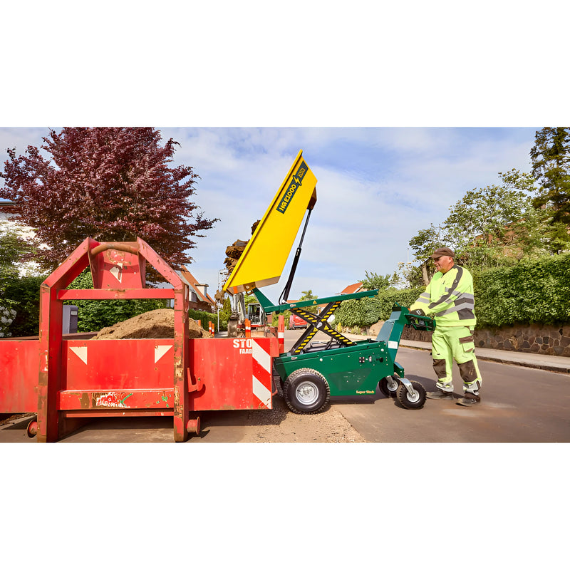 Makinex Mini Dumper Lithium Battery in use for efficient material transport and dumping on a construction site