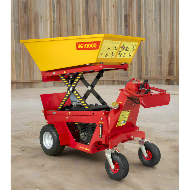 Makinex Mini Dumper with hydraulic lift and bright yellow carrying tray for easy material transport