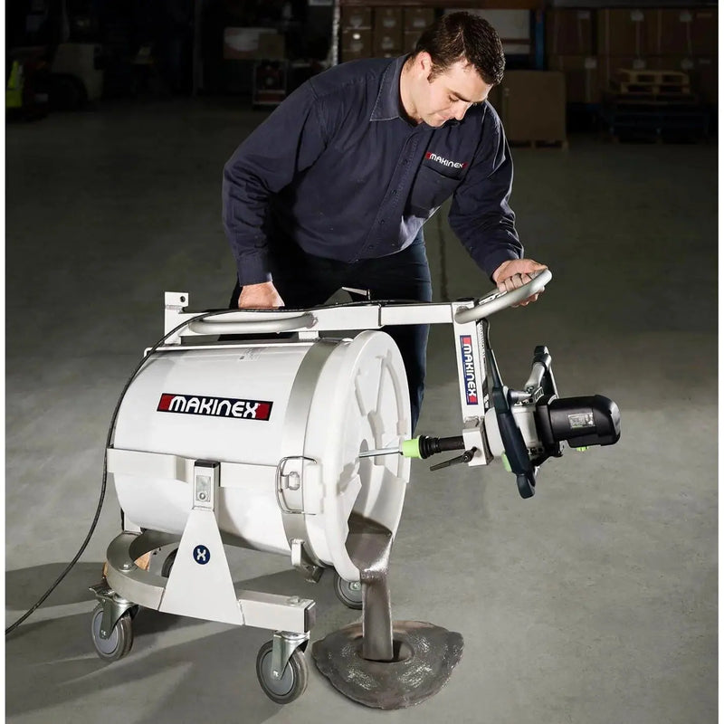 Makinex Mixer in use by a worker for efficient mixing and material handling in a commercial setting