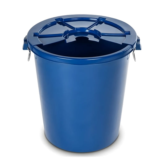 Blue Makinex MS-04-00 heavy duty metal trash bin with lockable lid and side handles