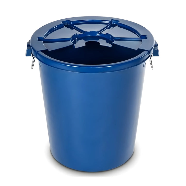 Blue Makinex MS-04-00 heavy duty metal trash bin with lockable lid and side handles