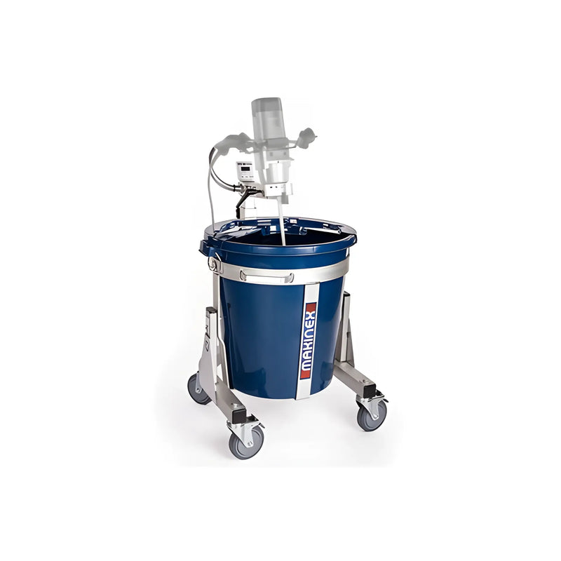 Makinex MS-100 industrial mixing machine with blue drum and stainless steel frame on wheels