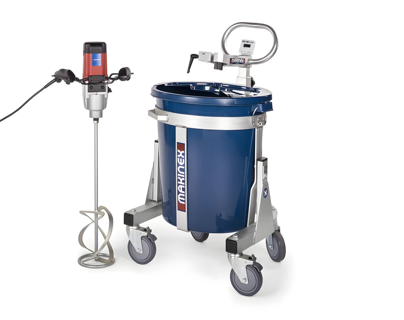 Makinex MS-100 & MS-M-US portable mixing machine with blue bucket and attached mixer on white background