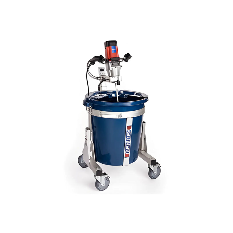Makinex MS-100 & MS-M-US industrial mixer with blue container on wheels for construction use