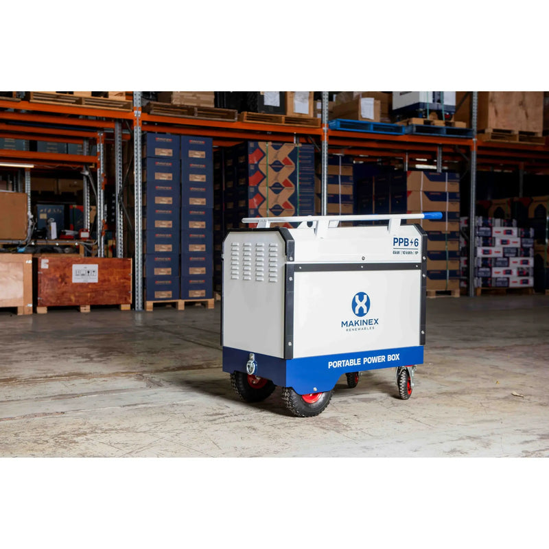 Makinex Portable Power Box on wheels designed for easy transportation in warehouses and construction sites