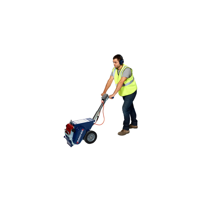 Worker using Makinex VS-125-US concrete scarifier with safety vest and ear protection