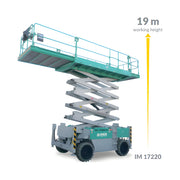 IMER IM 17220 scissor lift with extended platform reaching 19 meter working height