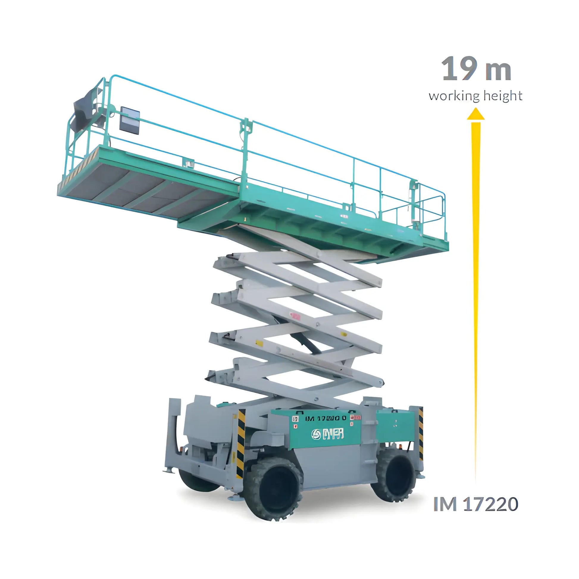 IMER IM 17220 scissor lift with extended platform reaching 19 meter working height