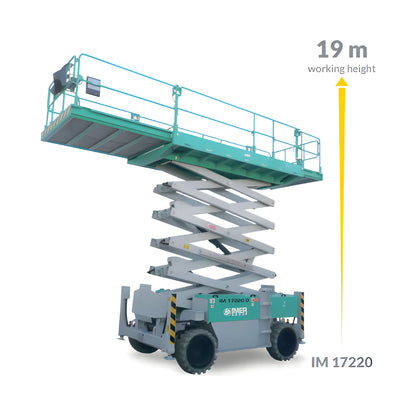 IMER IM 17220 scissor lift with extended platform reaching 19 meter working height