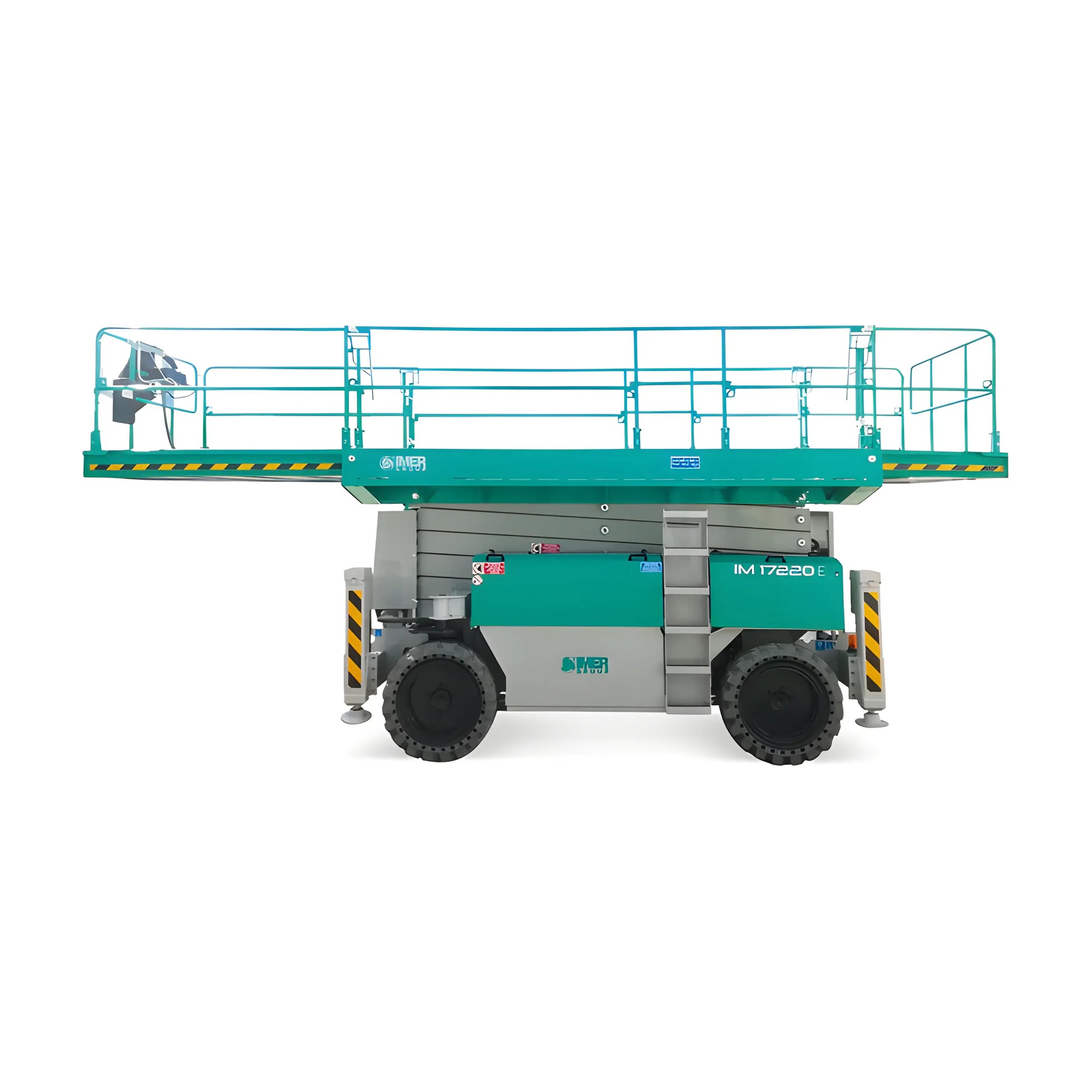 IMER green and gray Scissor Lift with large wheels and safety railings for elevated work