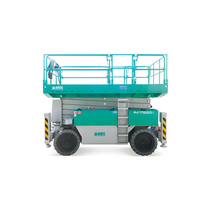 IMER scissor lift with teal platform and gray base featuring large black tires for elevated work