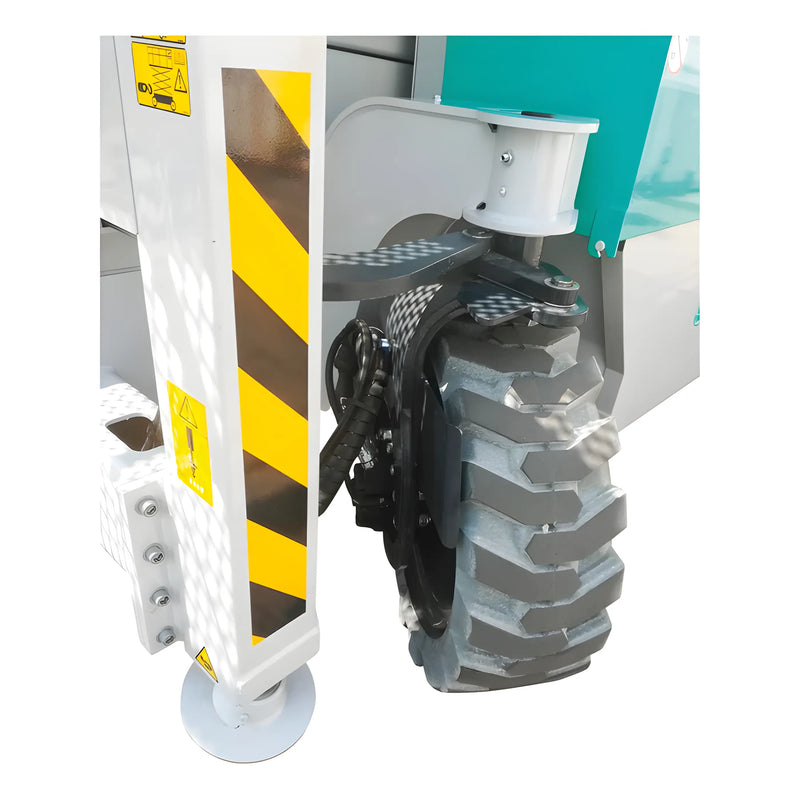 Close-up of IMER Scissor Lift heavy-duty tire and stabilizing leg with safety labels