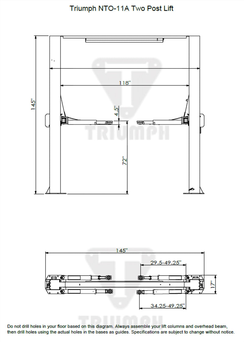 Triumph NTO-11AQ 11,000 lb Two-Post Auto Lift, Overhead Design with Truck Adapters
