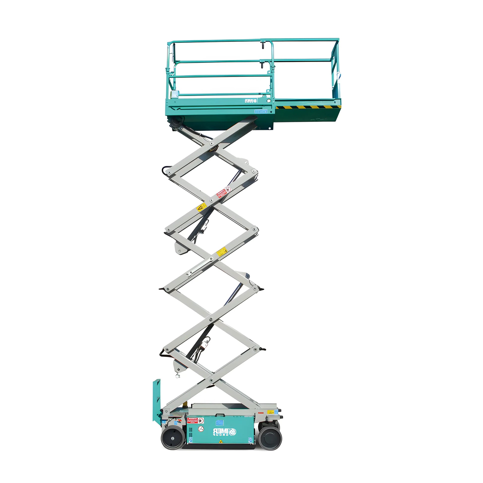 IMER electric scissor lift with extended platform and safety rails in teal and silver