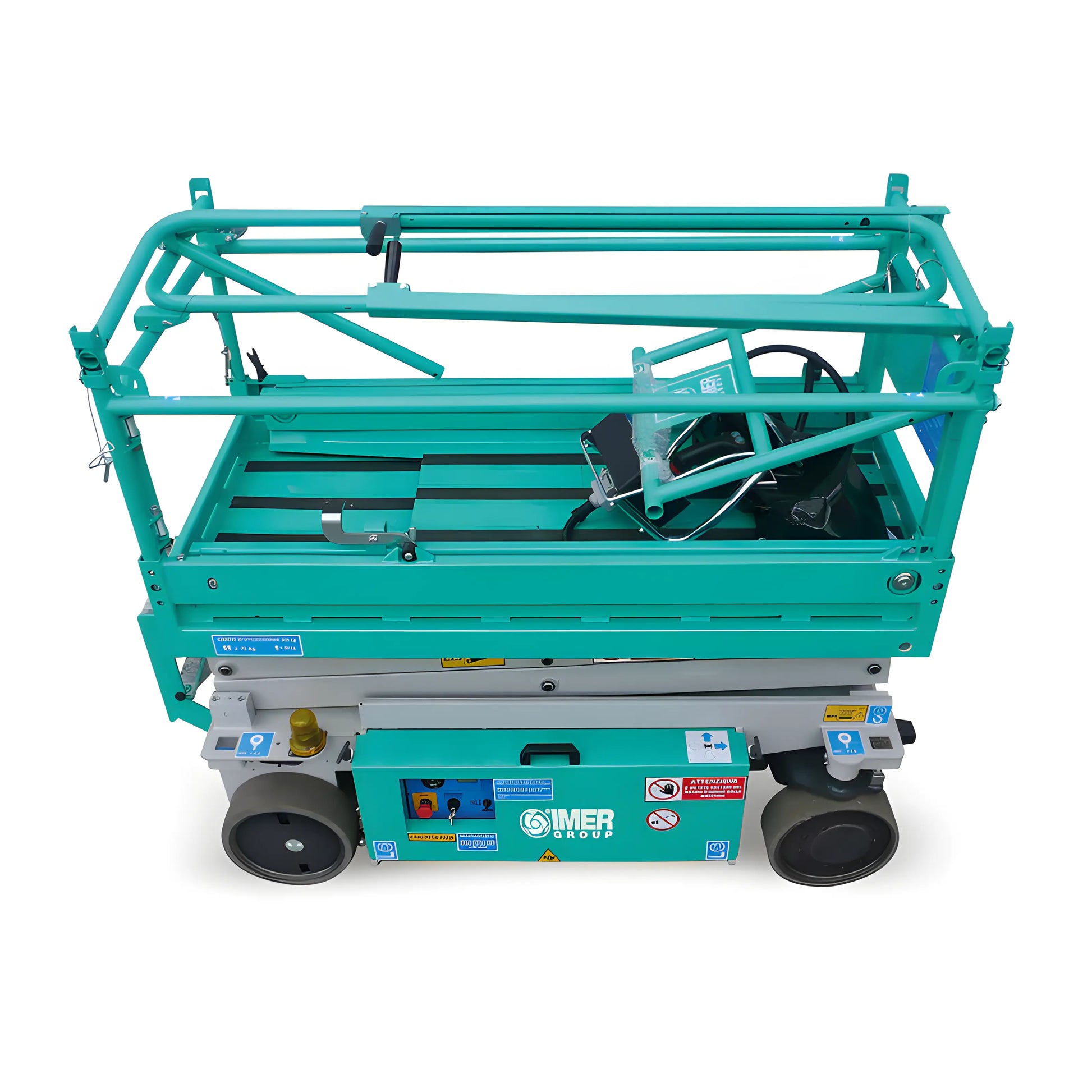 IMER electric scissor lift in teal color with safety rails and compact wheels for easy mobility