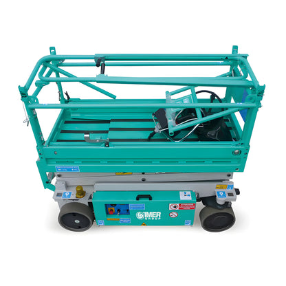 IMER electric scissor lift in teal color with safety rails and compact wheels for easy mobility