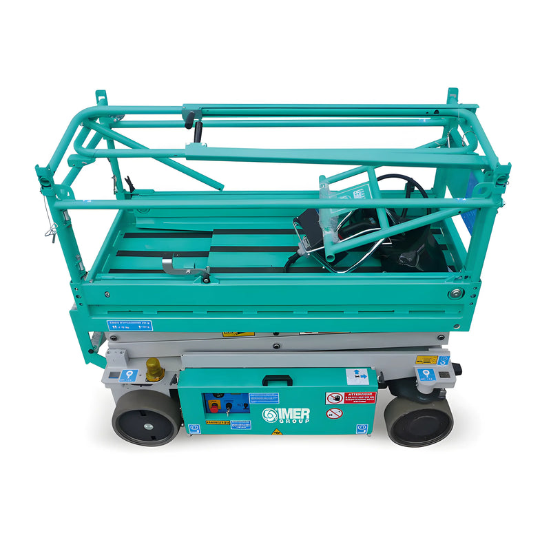 IMER electric scissor lift in teal color with safety rails and compact wheels for easy mobility