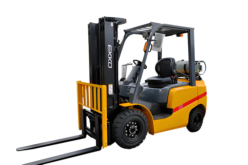 EKKO propane forklift in yellow and black with safety cage and front lifting forks