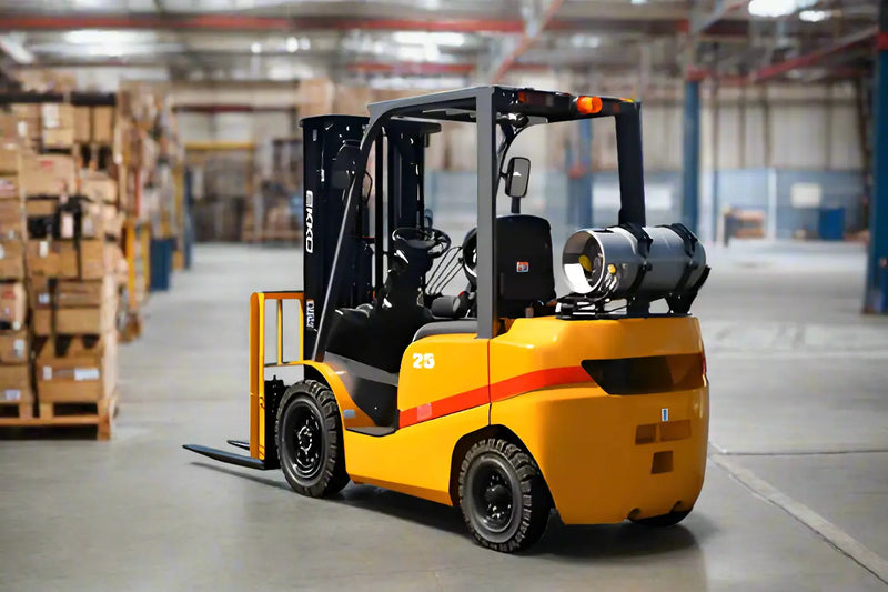 EKKO propane forklift with yellow body and black frame parked in warehouse aisle