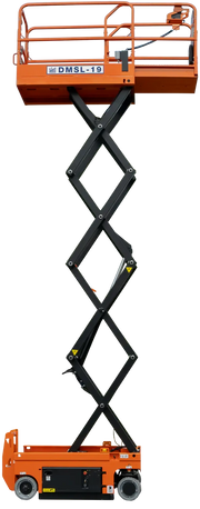 Ballymore drivable compact scissor lift fully extended with orange platform and black scissor mechanism