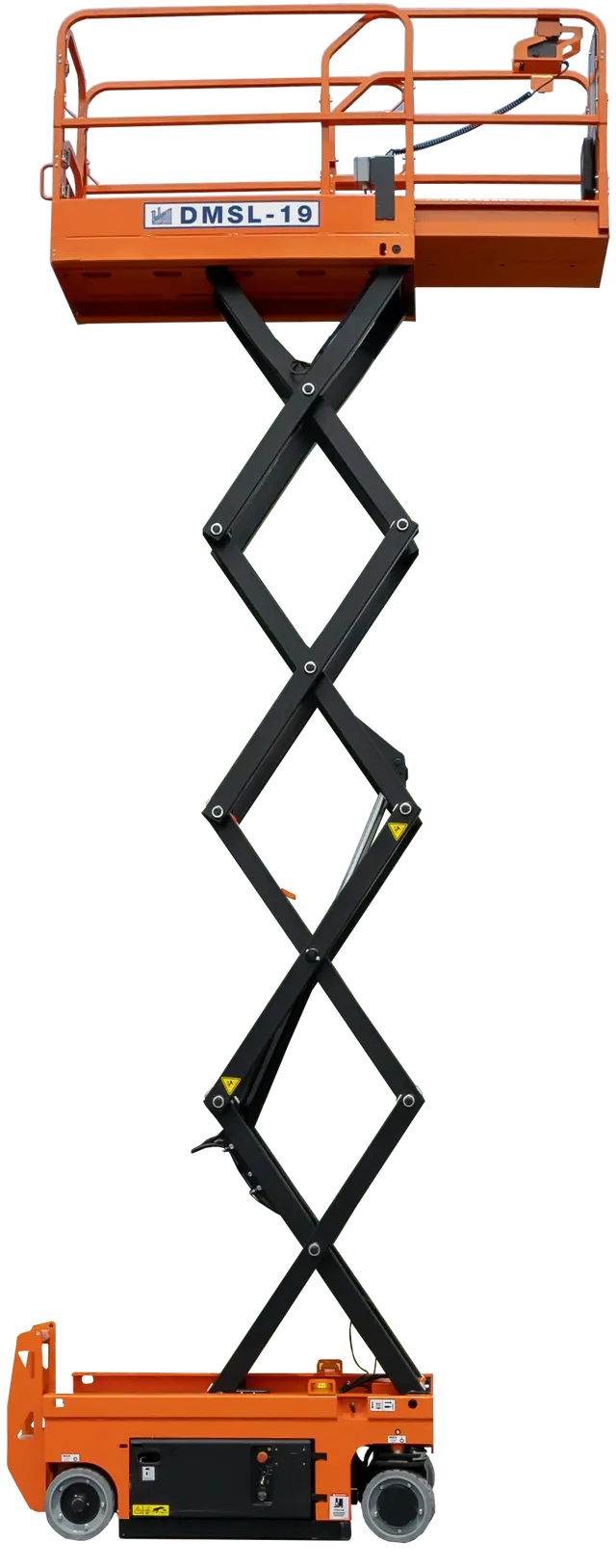 Ballymore drivable compact scissor lift fully extended with orange platform and black scissor mechanism