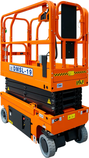 Ballymore drivable compact Scissor Lift in bright orange with safety rails and sturdy wheels