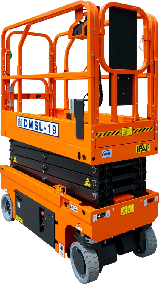 Ballymore drivable compact Scissor Lift in bright orange with safety rails and sturdy wheels