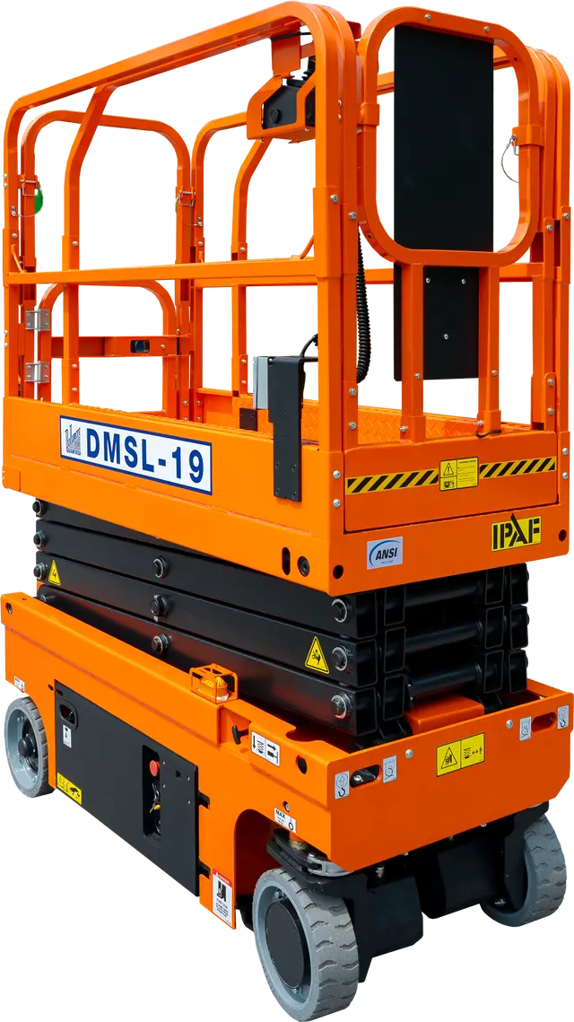 Ballymore drivable compact Scissor Lift in bright orange with safety rails and sturdy wheels