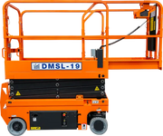 Ballymore drivable compact scissor lift in bright orange with safety rails and black wheels