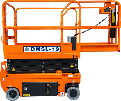 Ballymore drivable compact scissor lift in bright orange with safety rails and black wheels