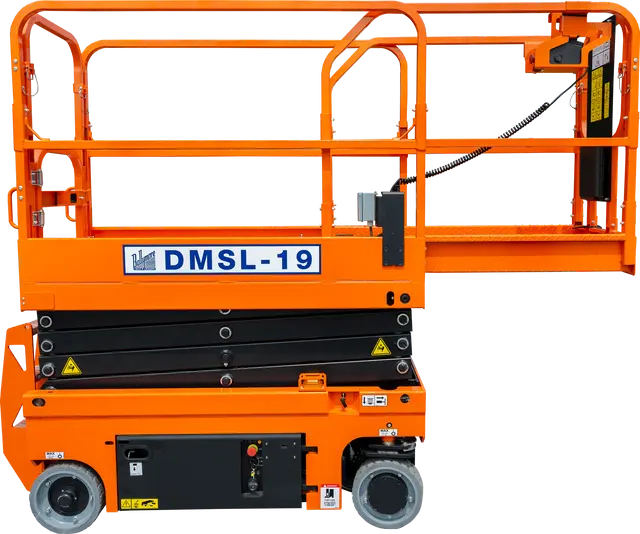Ballymore drivable compact scissor lift in bright orange with safety rails and black wheels