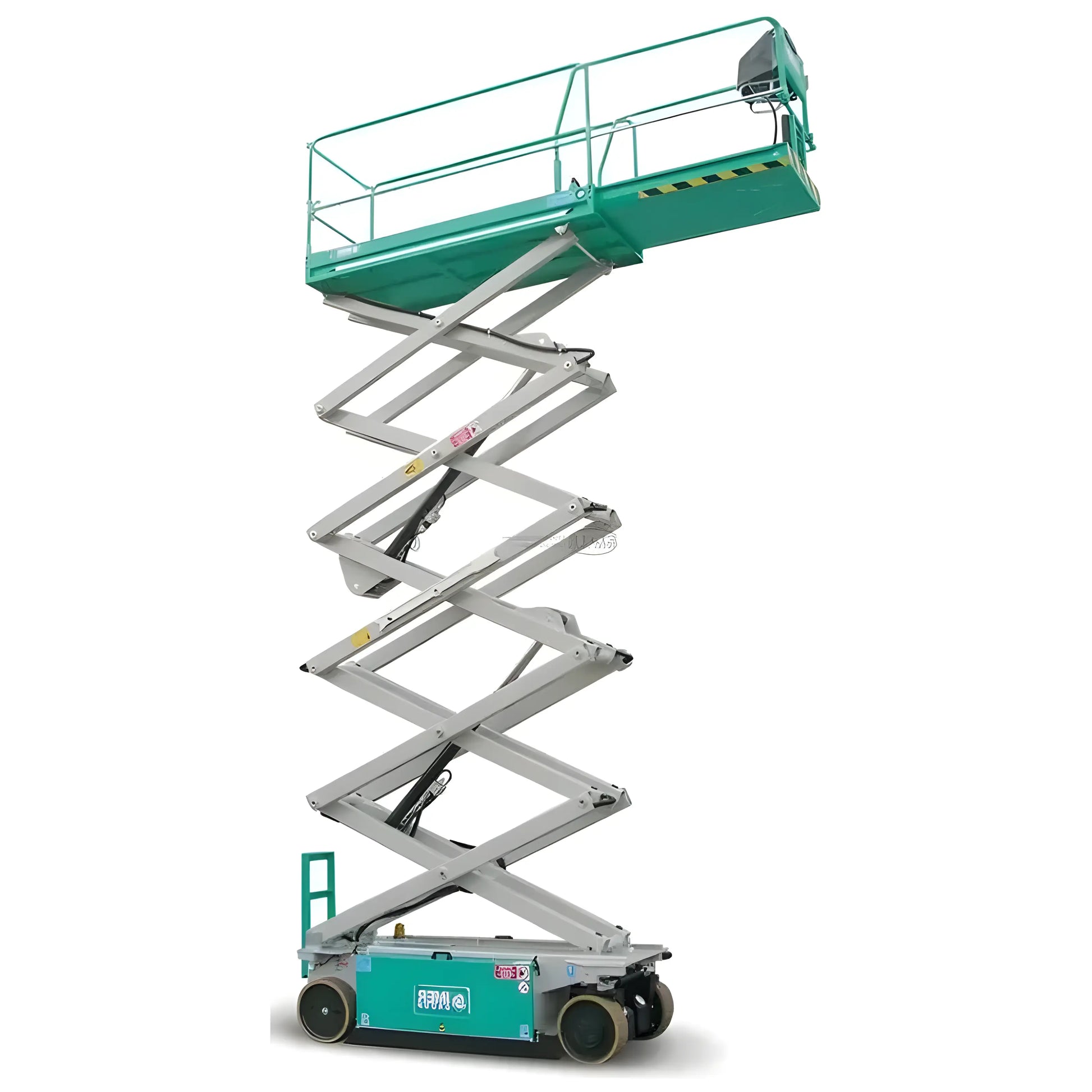 IMER Scissor Lift with extended platform and safety railings for elevated construction work