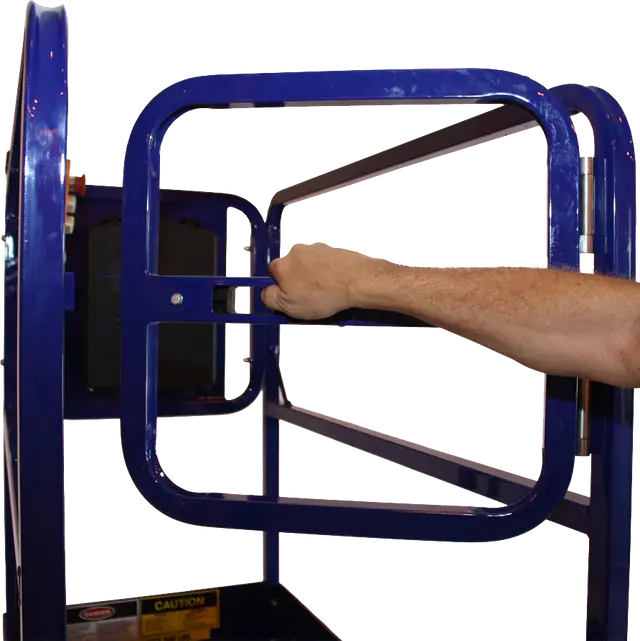 Ballymore compact scissor lift with blue safety gate being held by a hand