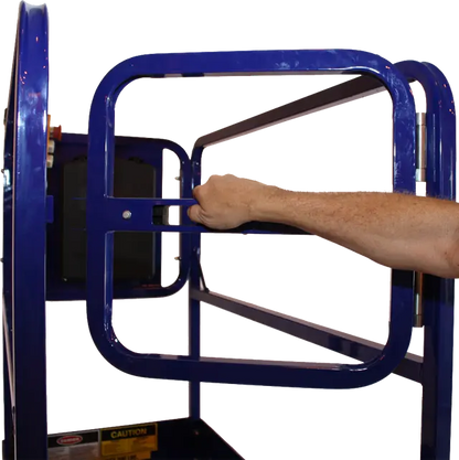 Ballymore compact scissor lift with blue safety gate being held by a hand