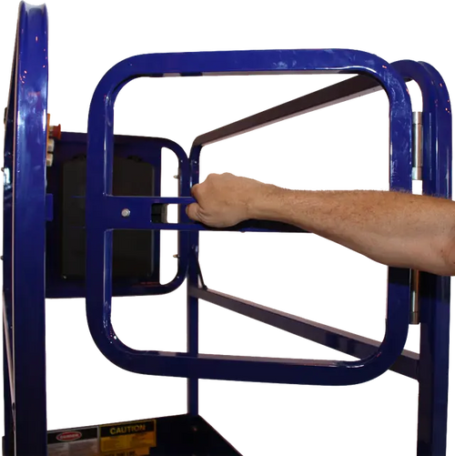 Ballymore compact scissor lift with blue safety gate being held by a hand