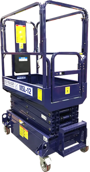 Ballymore compact Scissor Lift in dark blue with safety railings and wheels for elevated work